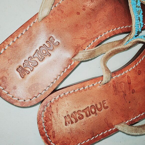 MYSTIQUE Sz 9 Teal Beaded Starfish Beach Resort Kuwai Leather Handmade Sandals - Picture 11 of 14